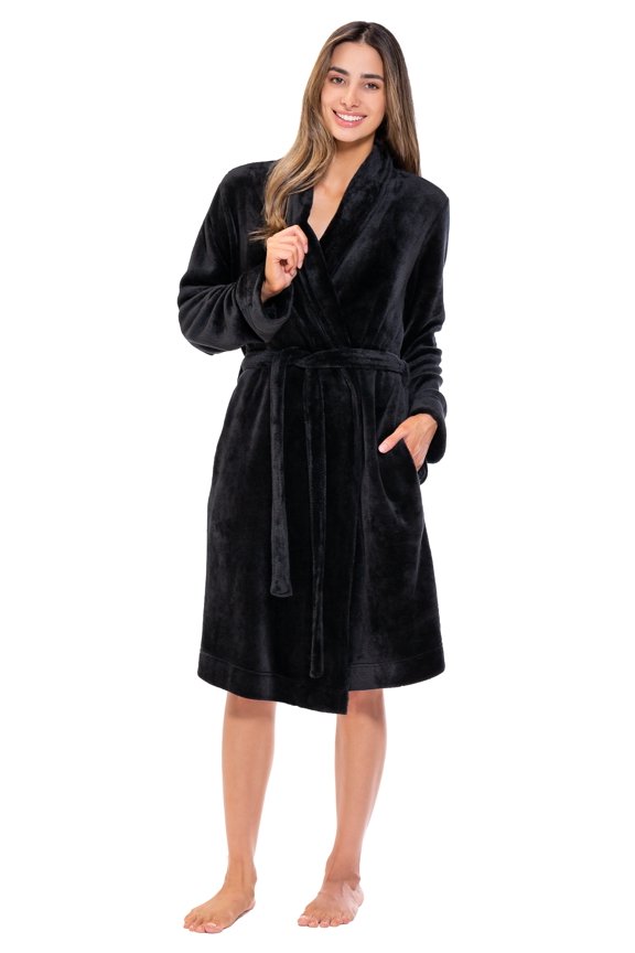 Linen Women’s Fleece Shawl Collar Soft Plush Knee Length Spa Robe (Black, L)