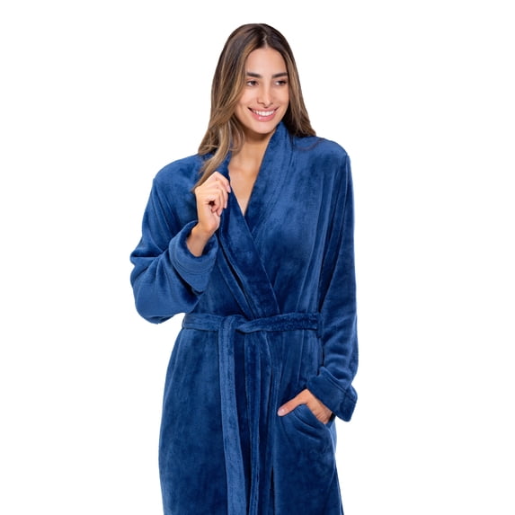 Turquaz Linen Women’s Fleece Shawl Collar Soft Plush Knee Length Spa Robe (Navy Blue, XXL)
