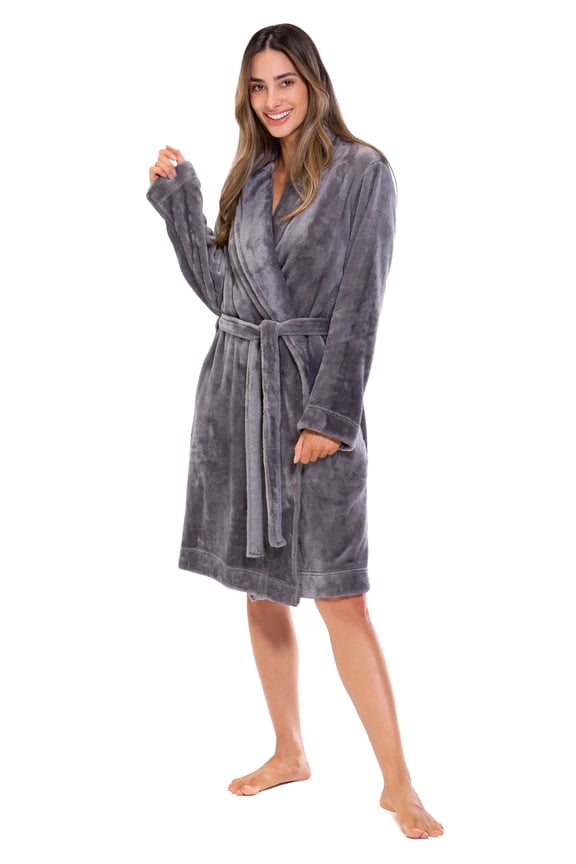 Women’s Fleece Shawl Collar Soft Plush Knee Length Spa Robe (Gray, XL)