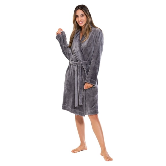 Turquaz Linen Women’s Fleece Shawl Collar Soft Plush Knee Length Spa Robe (Gray, S)