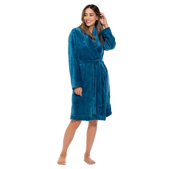 Turquaz Linen Women’s Fleece Shawl Collar Soft Plush Knee Length Spa Robe (Harbor Blue, L)