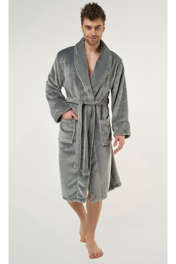 Super Soft Microfleece Shawl Collar Robe, Unisex, Gray, One Size