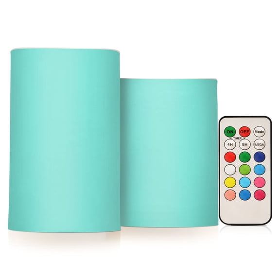 Turquiose Teal Flickering Flameless Candles Battery Operated with Remote Timer LED Pillar Candles Set of 2