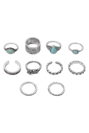 Turquoise 10 Piece Set Joint Combination Ring Inlaid Gem Antique Silver Female Couple Style Cloud Pattern Ring