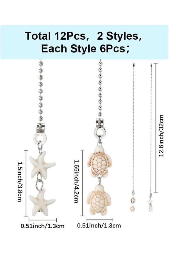 Turquoise 12Pcs 2 Styles Sea Turtle Ceiling Fan Pull Chain Turquoise 14.17 Inch Starfish Summer Ocean Hanging Charm Ornament Fan Ball Chain Extender Danglers for Ceiling Fan Light Lamp Decor
