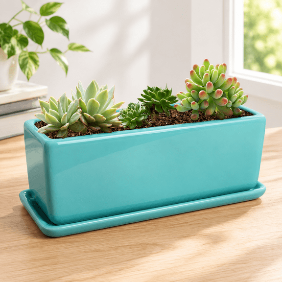 Turquoise 14 Inch Rectangular Modern Minimalist Ceramic Succulent Planter Pot with Saucer