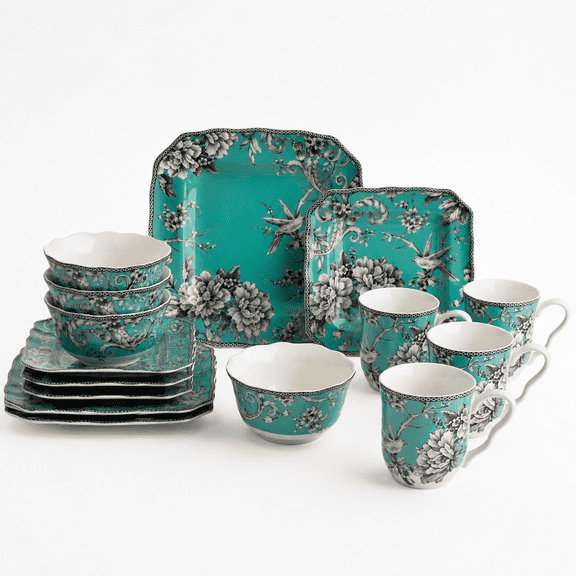 Turquoise 16-Piece Porcelain Square Dinnerware Set for 4, Microwave and Dishwasher Safe