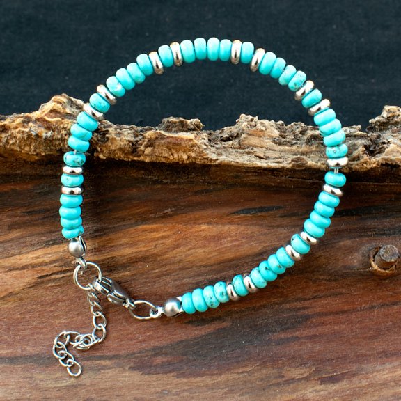 Turquoise 3.5mm Rondelle Shape Smooth Cut Beads 7 inch Adjustable Silver Plated Clasp Bracelet for men, women, unisex. Link Chain Stacking Bracelet.|LINK_06478