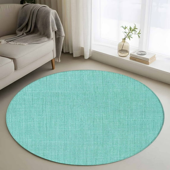 Turquoise 3ft Round Rug, Farmhouse Burlap Solid Teal Color Modern Linen Texture Non-Skid Rubber Backing Large Area Rugs - Living Room Bedroom Home Office, Indoor Floor Mat Carpets Washable Rug