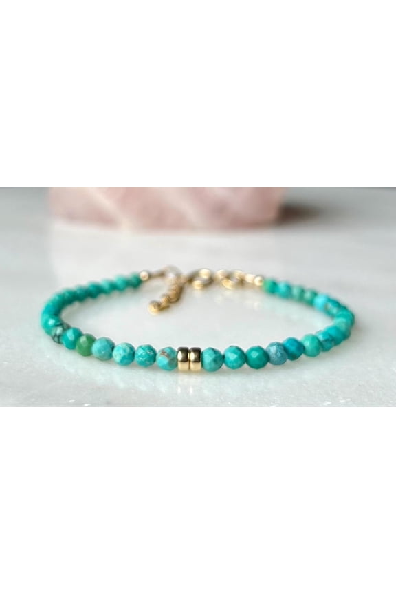 Turquoise 4mm Round Shape Rough Cut Beads 7 inch Adjustable Gold Plated Clasp Bracelet for men, women, unisex. Link Chain Stacking Bracelet.|LINK_06554