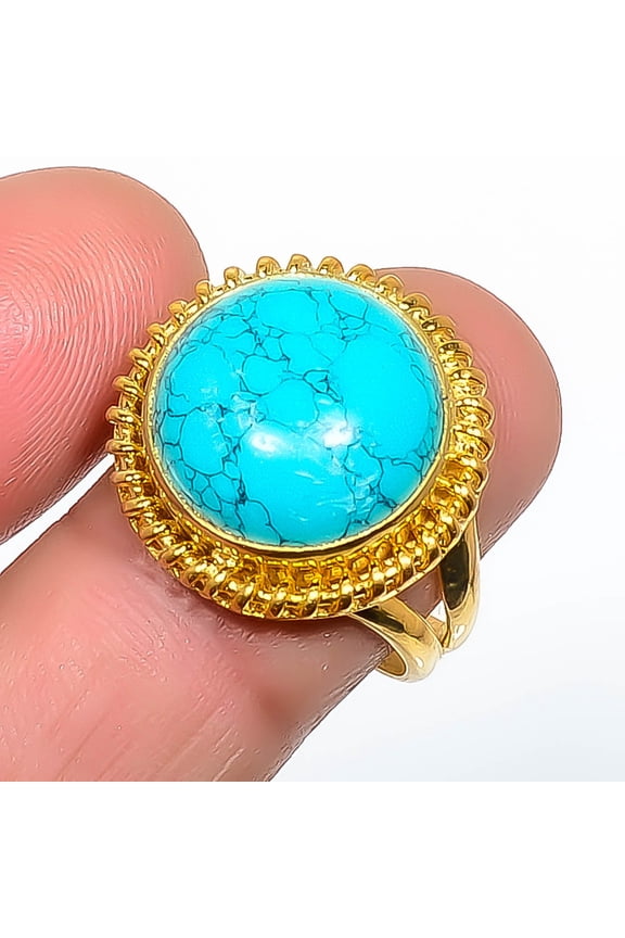 Turquoise 925 Silver 18k Gold Plated Ring Size 9|Handmade Ring, Gift for her, Blue Ring, Gemstone Silver Jewelry