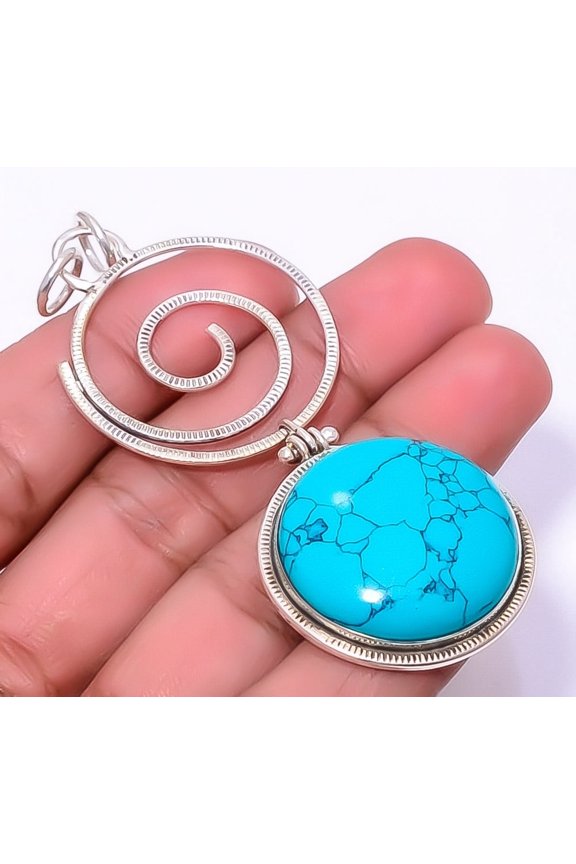 Turquoise 925 Sterling Silver Chakra Bali Pendant 3.04"|Handmade Pendant, Gift for her, Blue Pendant, Gemstone Silver Jewelry