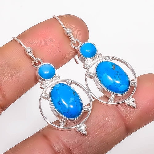 Turquoise 925 Sterling Silver Handmade Earring 1.87" A355, Turquoise Earring, Christmas Gift, New Year Sale, Gemstone Silver Jewelry