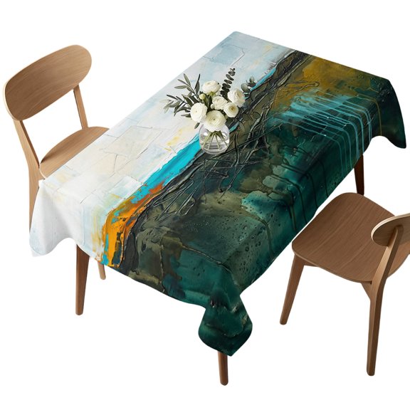 Turquoise Abstract Table Cloth, Waterproof Tablecloth for Rectangle Tables, Vintage Coastal Modern Dripping Oil Painting Washable Fabric Table Cover for Restaurant Kitchen Dining Tables 60"x102"