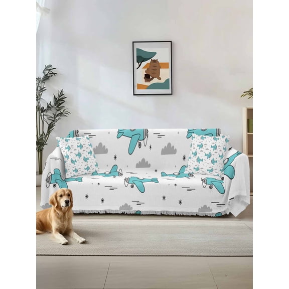 Turquoise Airplane Couch Cover Sofa Covers 3 Cushion Sectional Couch, Modern Abstract Art Cartoon Clouds Washable Sofa Covers Slipcover Sectional Sofa Cover, Furniture Protector 71"x150"