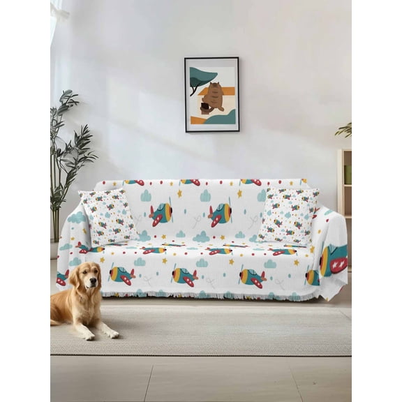 Turquoise Airplane Couch Cover Sofa Covers 3 Cushion Sectional Couch, Modern Art Cartoon Aircraft Clouds Washable Sofa Covers Slipcover Sectional Sofa Cover, Furniture Protector 71"x150"