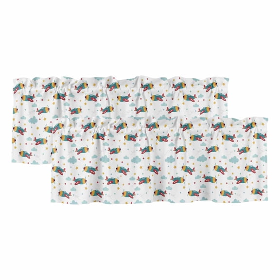 Turquoise Airplane Curtain Valances for Windows, Kitchen Valance Window Treatments Panel 2 Pack, Modern Art Cartoon Aircraft Clouds Rod Pocket Short Curtains for Bathroom Bedroom 42 x 12 Inch