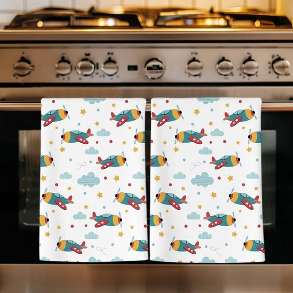 Turquoise Airplane Kitchen Towels Set of 4, Modern Art Cartoon Aircraft Clouds Absorbent Dish Towels for Kitchen, Microfiber Hand Towel, Quick Drying Tea Towel for Cleaning Decorative Dishcloths