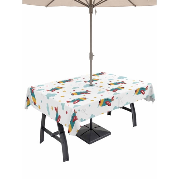 Turquoise Airplane Outdoor Tablecloth - 60x84 Inch Rectangle Dining Table Cover, Modern Art Cartoon Aircraft Clouds Waterproof Outdoor Table Cloth with Umbrella Hole & Zipper for Picnic/Patio/Party