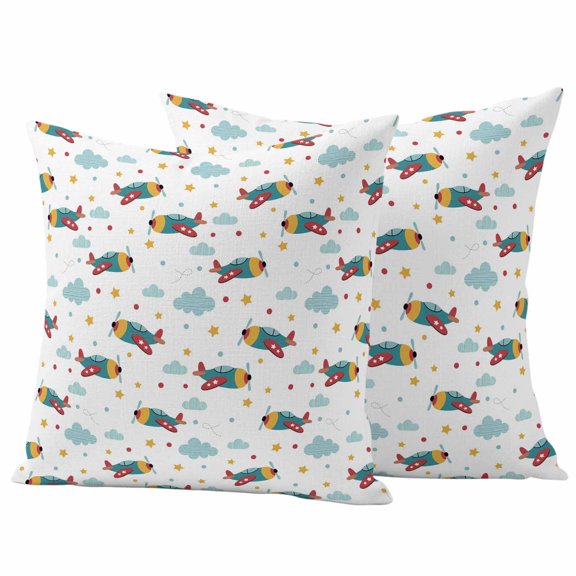 Turquoise Airplane Outdoor Waterproof Pillow Covers, Modern Art Cartoon Aircraft Clouds Decorative Square Throw Pillowcase Sofa Cushion Sham for Patio/Couch/Chair, 16"x16" 2 Pack