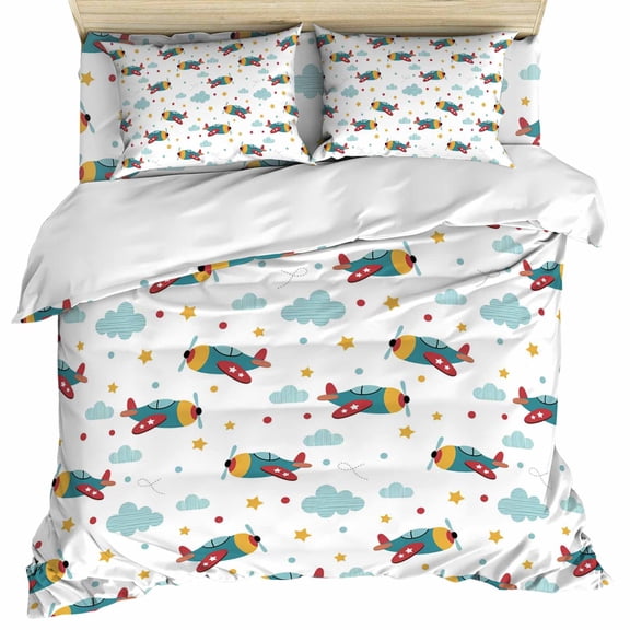 Turquoise Airplane Set of 4 Bedding Quilt Covers, Modern Art Cartoon Aircraft Clouds 4-Piece Bed Sheet Set with Extra Soft Bed Sheets Quilt Cover Pillowcase, Queen