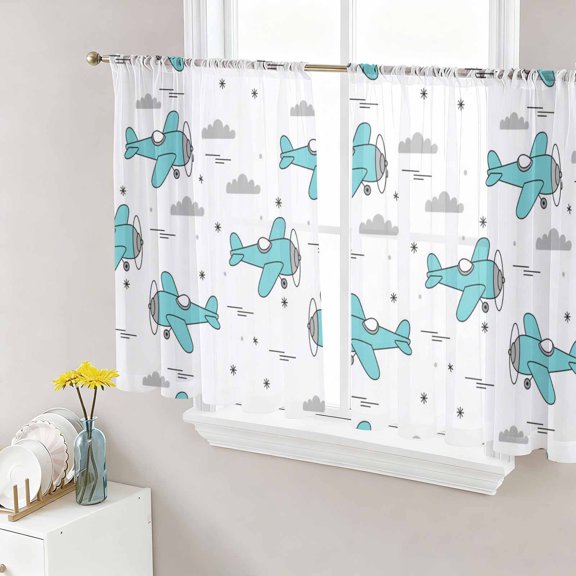 Turquoise Airplane Sheer Curtains 45 Inch Length 2 Panels Set Window Treatments, Modern Abstract Art Cartoon Clouds Rod Pocket Semi Curtains for Living Room/Bedroom/Kitchen Décor, 104"W x 45"L