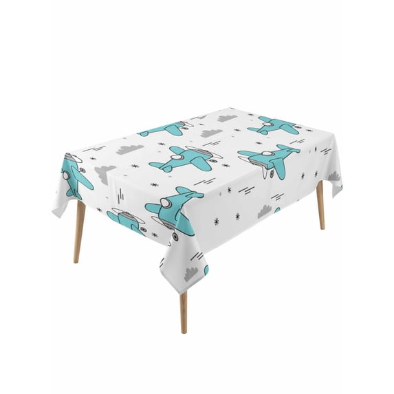 Turquoise Airplane Table Cloth, Waterproof Tablecloth for Rectangle Tables, Modern Abstract Art Cartoon Clouds Reusable Washable Fabric Table Cover for Restaurant Kitchen Dining Tables 60"x120"