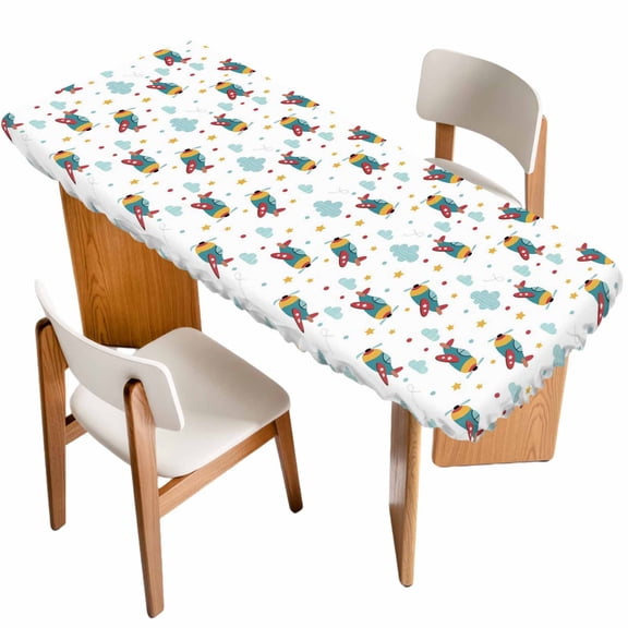 Turquoise Airplane Table Cloths for 8 Foot Rectangle Tables, Modern Art Cartoon Aircraft Clouds Patio Waterproof Elastic Fitted Tablecloths, Washable Rectangular Table Cover for Camping