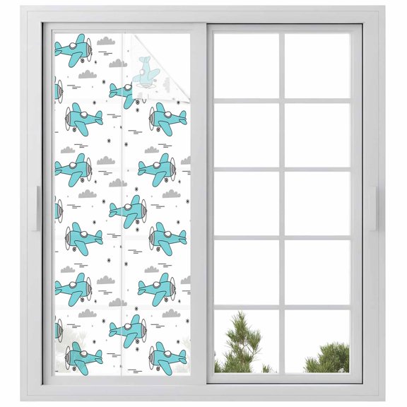 Turquoise Airplane Window Privacy Film, Modern Abstract Art Cartoon Clouds Static Cling UV Sun Blocking Heat Control Window Tint Day and Night, Non-Adhesive One Way Privacy Cover 29.5''x78.7''