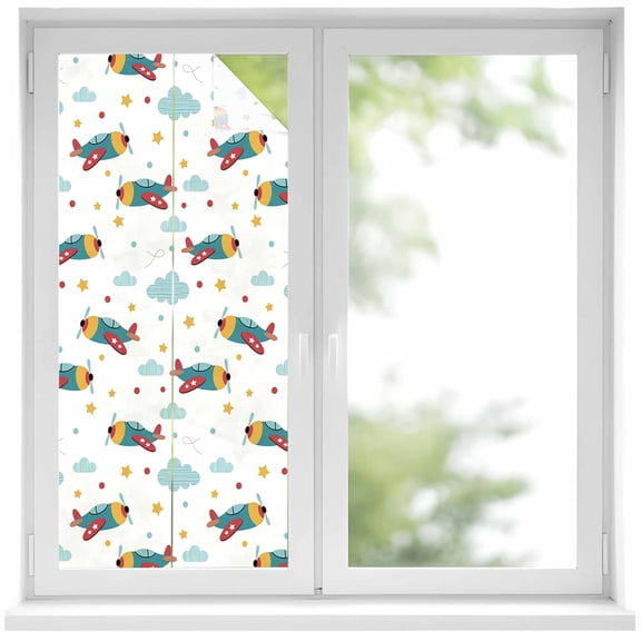 Turquoise Airplane Window Privacy Film, Modern Art Cartoon Aircraft Clouds Static Cling UV Sun Blocking Heat Control Window Tint Day and Night, Non-Adhesive One Way Privacy Cover 17.7''x39.3''