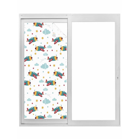 Turquoise Airplane Window Privacy Film, Modern Art Cartoon Aircraft Clouds Static Cling UV Sun Blocking Tint Film Heat Control Windows Films for Bedroom Bathroom, Window Stickers 17.7"x39.3"