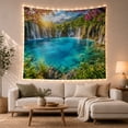 thumbnail image 1 of Turquoise Alpine Lake Below Cascading Falls, Serene Rustic Style for Nature Lovers, Mountain Wall Decor Housewarming Gift, Tapestry Wall Hanging for Bedroom and Cabin, 1 of 7