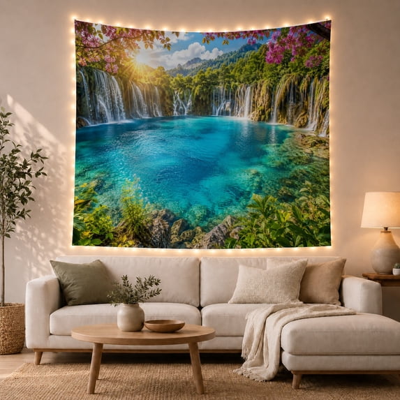 Turquoise Alpine Lake Below Cascading Falls, Serene Rustic Style for Nature Lovers, Mountain Wall Decor Housewarming Gift, Tapestry Wall Hanging for Bedroom and Cabin