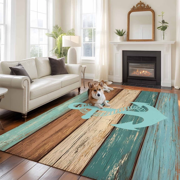 Turquoise Anchor Area Rug 5x8 FT, Non Slip Bedroom Throw Carpet, Nautical Brown Green Retro Wood Grain Washable Soft Floor Carpet Non-Shedding Rug for Living Room Nursery Dorm Office
