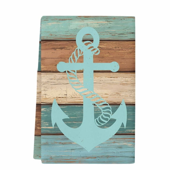 Turquoise Anchor Kitchen Towels Set of 1, Absorbent Microfiber Dish Tea Towels with Hanging Loop, Nautical Brown Green Retro Wood Grain Resuable Hand Towel for Home Kitchen Cooking Cleaning 18"x28"