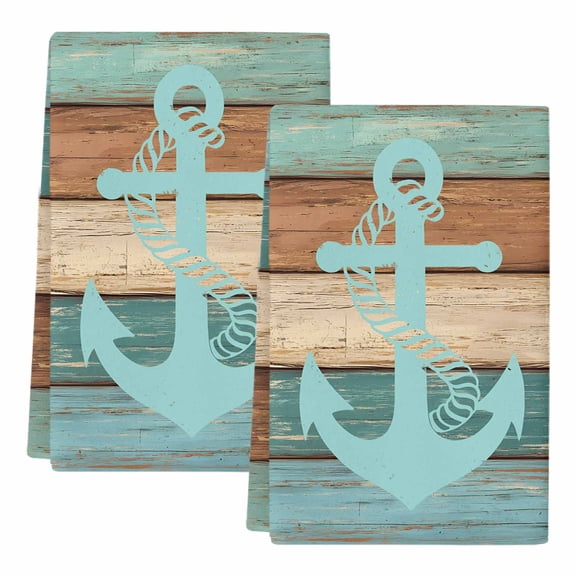 Turquoise Anchor Kitchen Towels Set of 2, Absorbent Microfiber Dish Tea Towels with Hanging Loop, Nautical Brown Green Retro Wood Grain Resuable Hand Towel for Home Kitchen Cooking Cleaning 18"x28"