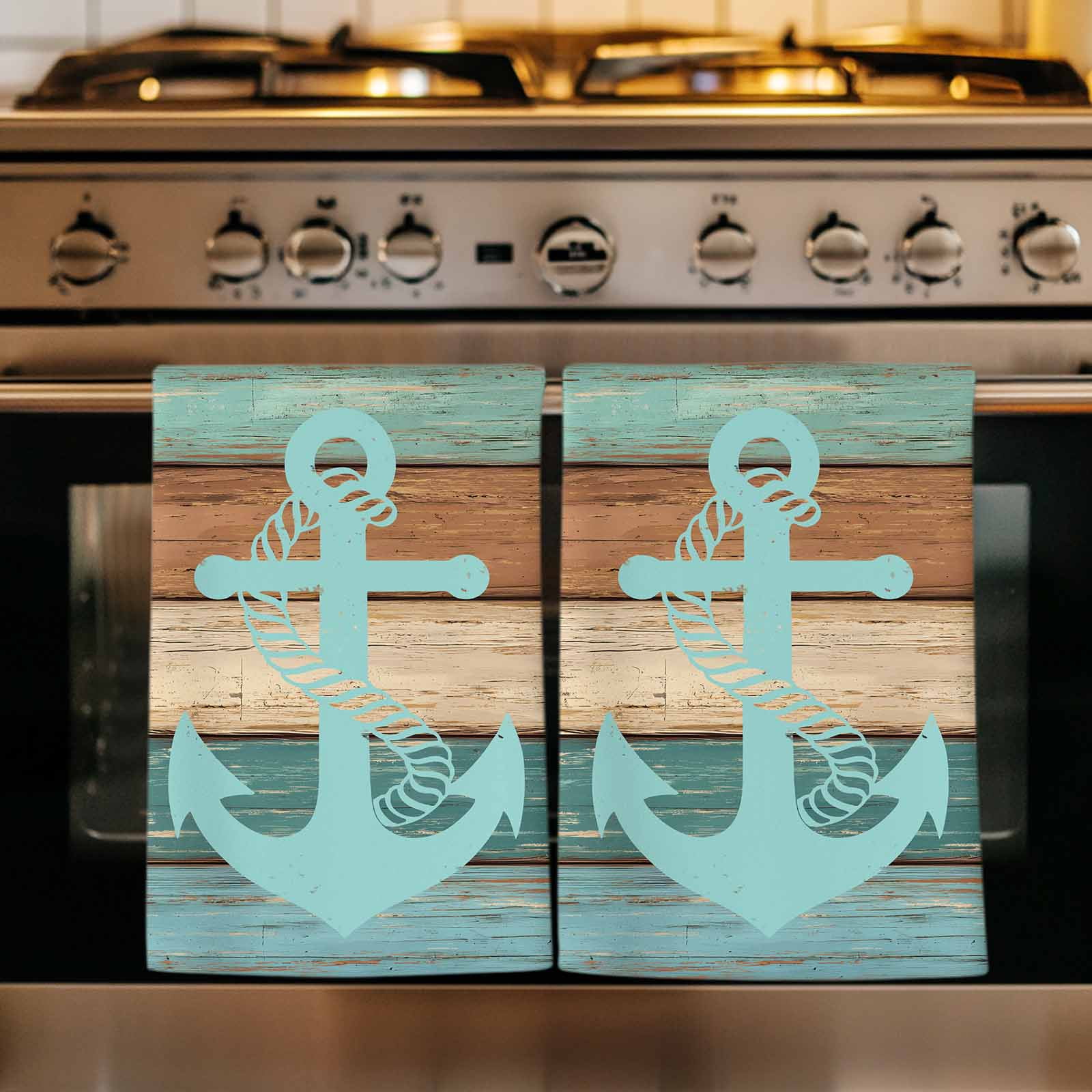 Turquoise Anchor Kitchen Towels Set of 2, Nautical Brown Green Retro Wood Grain Absorbent Dish Towels for Kitchen, Microfiber Hand Towel, Quick Drying Tea Towel for Cleaning Decorative Dishcloths