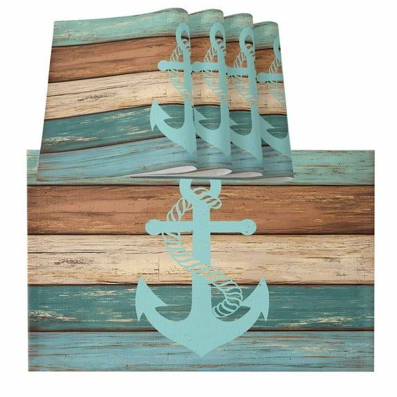 Turquoise Anchor Placemats for Dinning Table Set of 4, Nautical Brown Green Retro Wood Grain Burlap Kitchen Place Mats Waterproof Cloth Table Mats, Indoor Outdoor Placemats Easy Clean Dinner Decor