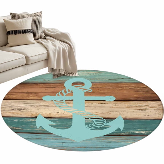 Turquoise Anchor Round Rug 3.3ft Area Rug Washable Soft Non-Slip 3.3' Circle Low Pile Rugs Nautical Brown Green Retro Wood Grain Carpet for Bedroom Living Room Entryway Home Office Dining Room