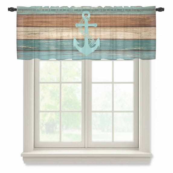 Turquoise Anchor Valance Curtains for Kitchen/Living Room/Bathroom/Bedroom Window, Rod Pocket Small Topper Half Short Window Curtains Voile Sheer Scarf, Nautical Brown Green Retro Wood Grain 60"x18"