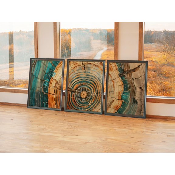 Turquoise And Copper Vibrant Tree Ring Triptych Nordic Wood Texture Modern Gallery Set Nordic Nature Wall Art Poster, , Poster Only