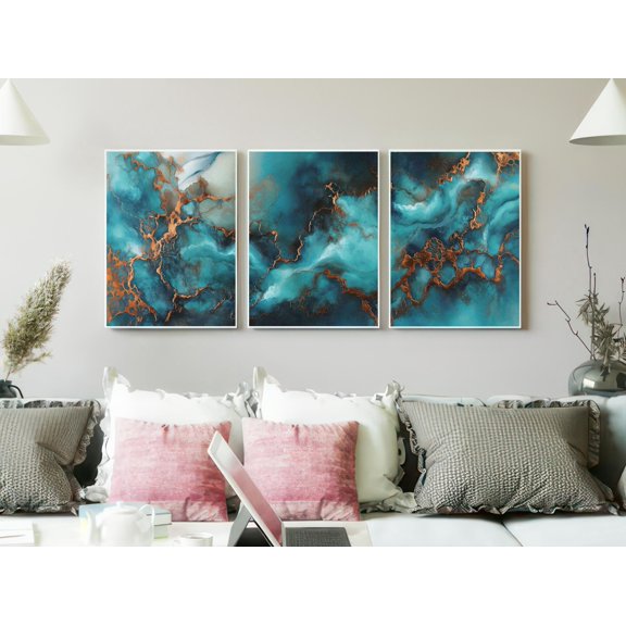 Turquoise And Copper Weathered Patina Triptych Rustic Verdigris Texture Oxidized Metal Gallery Set Decorative Wall Art Poster, , Poster Only
