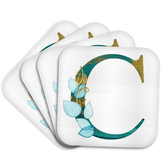 3drose, Turquoise and Image of Gold Leafy Monogram Initial C, Set of 4 Coasters - Soft