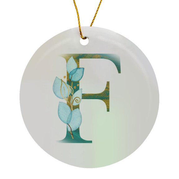 3drose, Turquoise and Image of Gold Leafy Monogram Initial F, Circle Porcelain Ornament