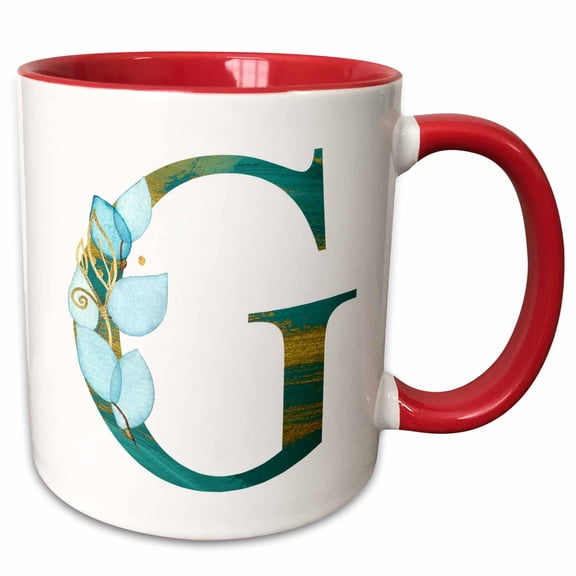 3drose, Turquoise and Image of Gold Leafy Monogram Initial G, 11oz Two-tone Red Mug