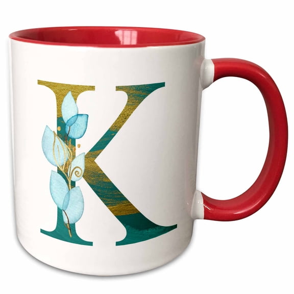 3drose, Turquoise and Image of Gold Leafy Monogram Initial K, 15oz Two-tone Red Mug