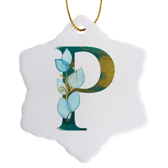 3drose, Turquoise and Image of Gold Leafy Monogram Initial P, 3 inch Snowflake Porcelain Ornament
