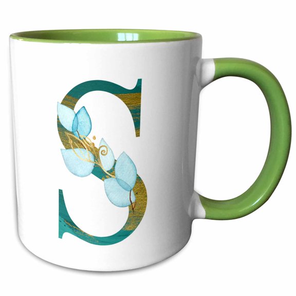 3drose, Turquoise and Image of Gold Leafy Monogram Initial S, 11oz Two-tone Green Mug