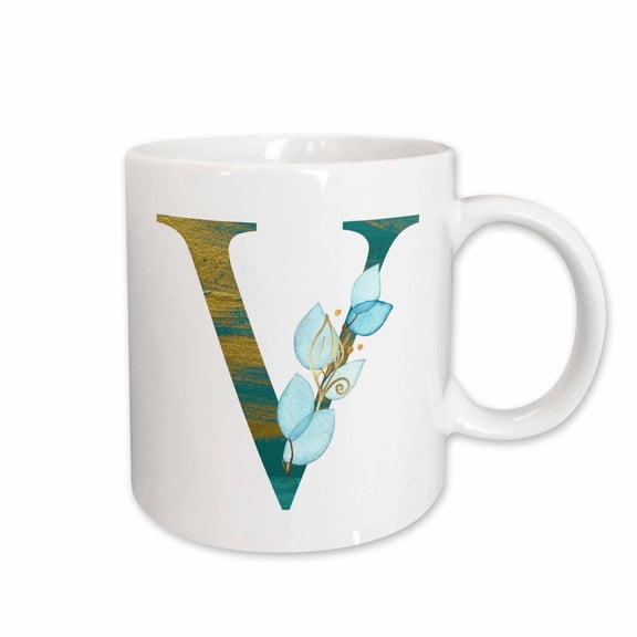 3drose, Turquoise and Image of Gold Leafy Monogram Initial V, 11oz Mug