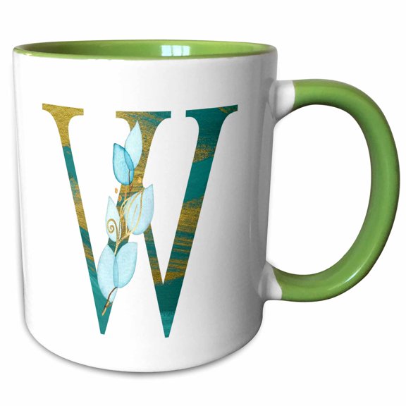 3drose, Turquoise and Image of Gold Leafy Monogram Initial W, 11oz Two-tone Green Mug